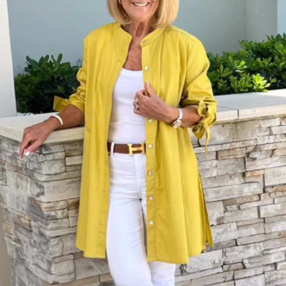 ID:2929 - ✨Długie bawełniane kurtki koszulowe w jednolitym kolorze dla kobiet